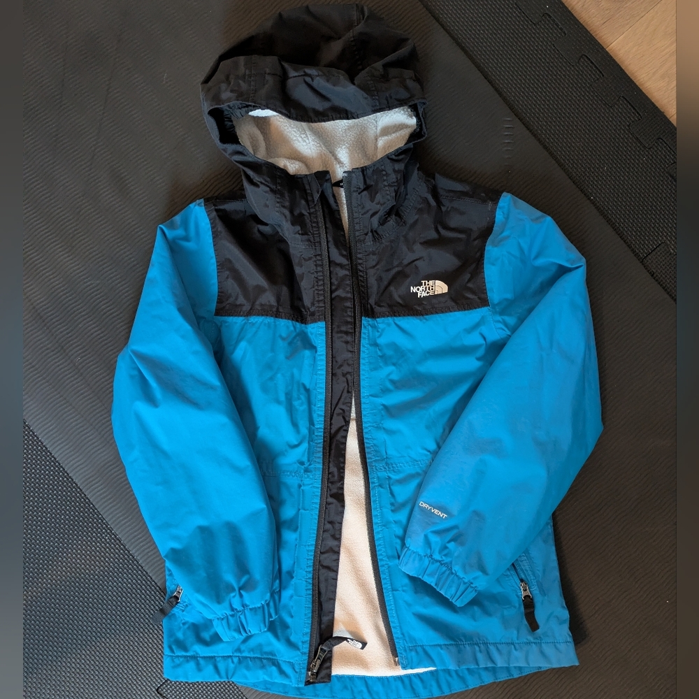 Northface Boy's Size S 7/8 Fleece Lined Hooded Rain Jacket Blue And Black